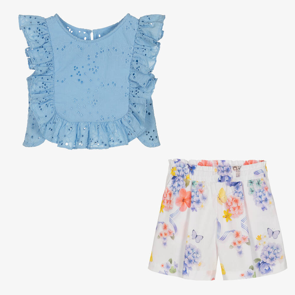 Lapin House-Girls Blue Broderie Cotton Shorts Set | Childrensalon Outlet