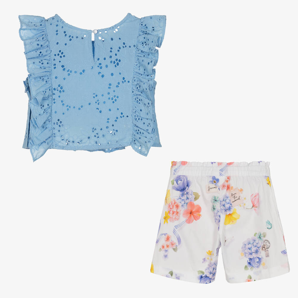 Lapin House-Girls Blue Broderie Cotton Shorts Set | Childrensalon Outlet