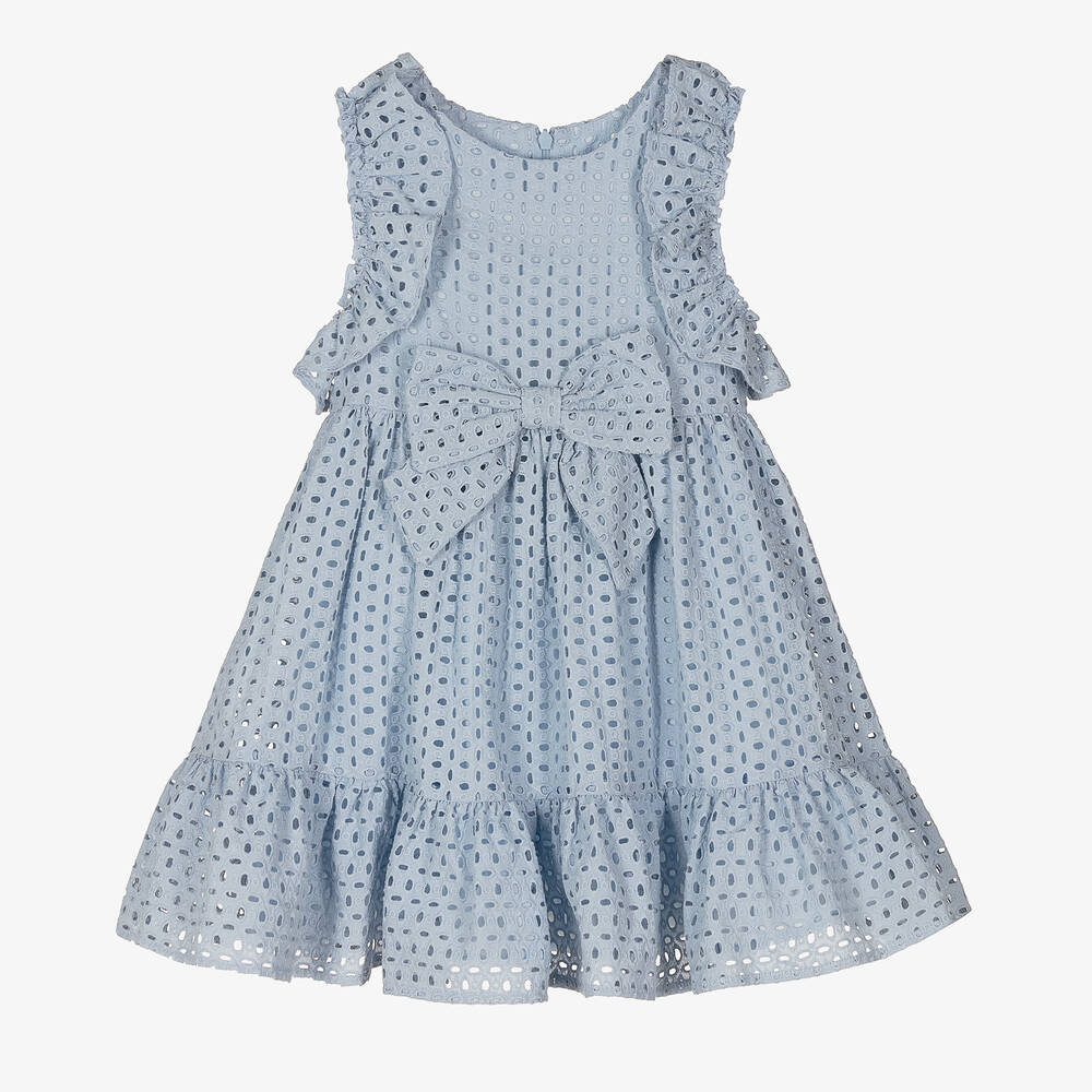 Lapin House - Girls Blue Cotton Broderie Anglaise Dress | Childrensalon