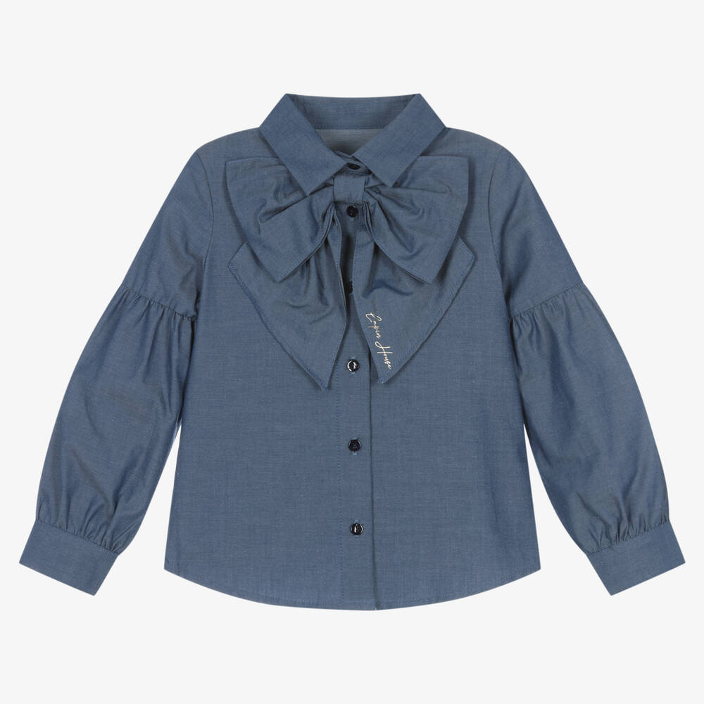 Lapin House - Girls Blue Cotton Chambray Bow Blouse | Childrensalon