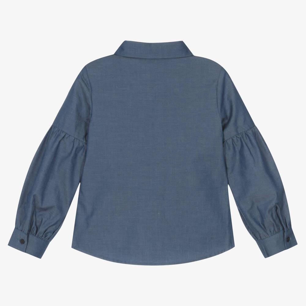 Lapin House-Girls Blue Cotton Chambray Bow Blouse | Childrensalon Outlet