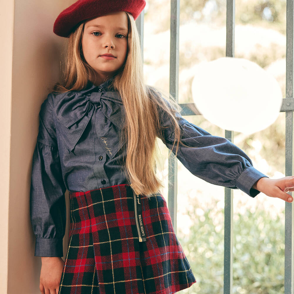 Lapin House-Girls Blue Cotton Chambray Bow Blouse | Childrensalon Outlet