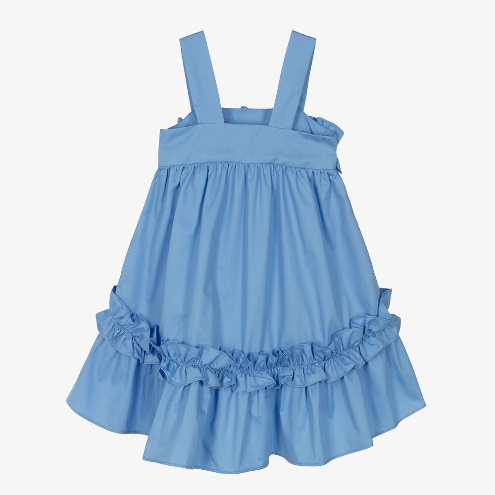 Lapin House-فستان قطن ساتين لون أزرق مزين بكشكش | Childrensalon Outlet