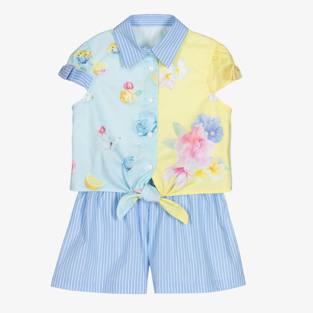 Lapin House - Girls Blue Cotton Shorts Set | Childrensalon