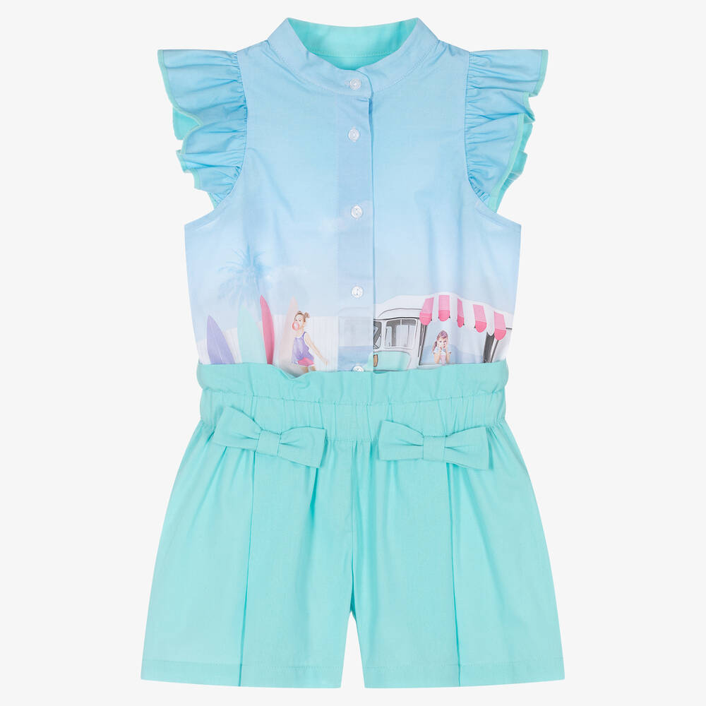 Lapin House - Girls Blue Cotton Shorts Set | Childrensalon