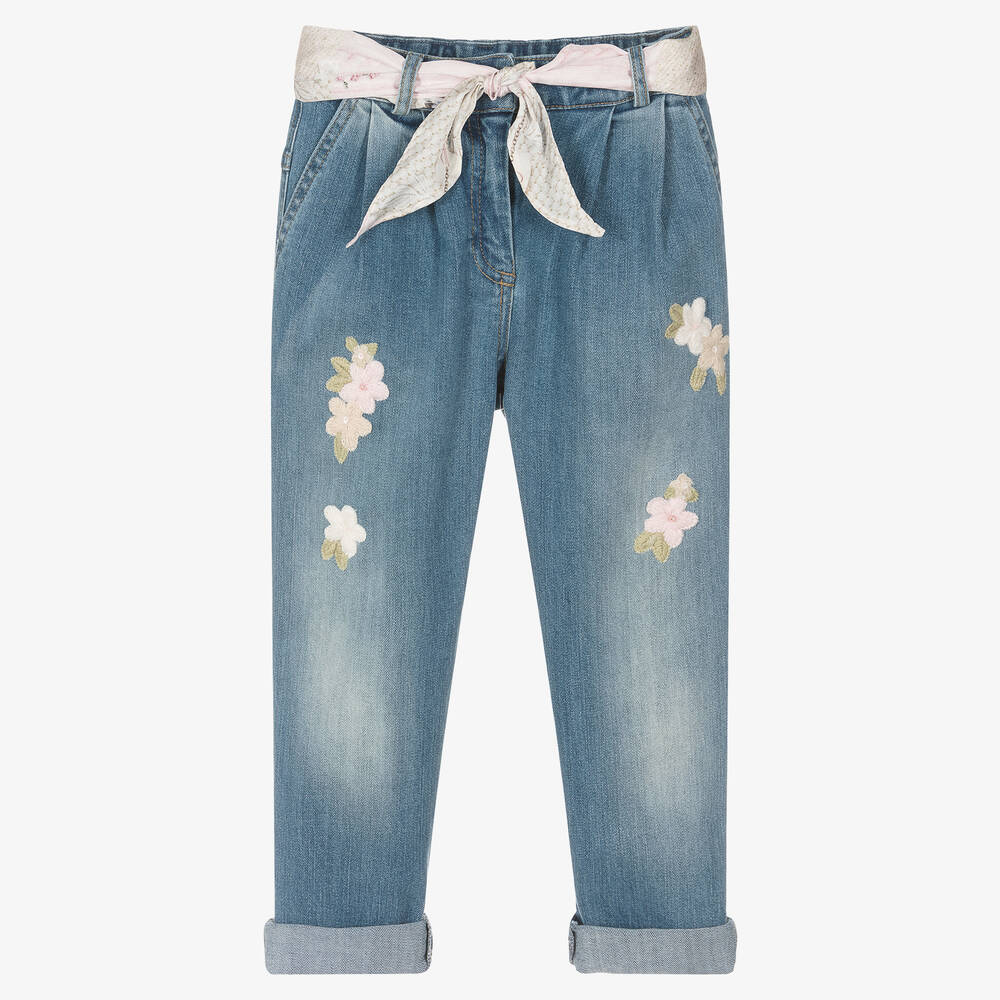 Lapin House - Girls Blue Denim Floral Jeans | Childrensalon