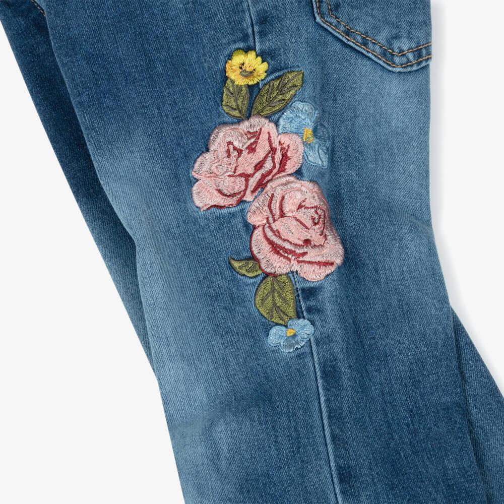 Lapin House-Girls Blue Denim Jeans with Embroidered Roses | Childrensalon Outlet