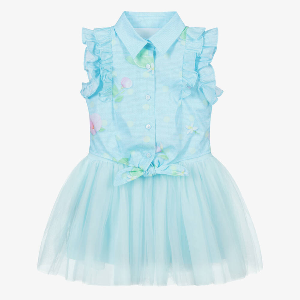 Lapin House-طقم فستان جيرسي وتول وبلوز بوبلين لون أزرق تركواز | Childrensalon Outlet