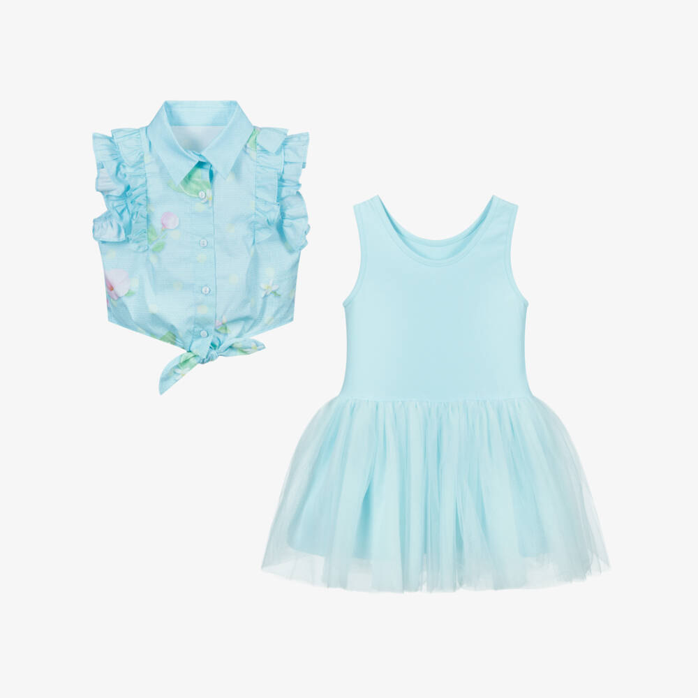 Lapin House-طقم فستان جيرسي وتول وبلوز بوبلين لون أزرق تركواز | Childrensalon Outlet