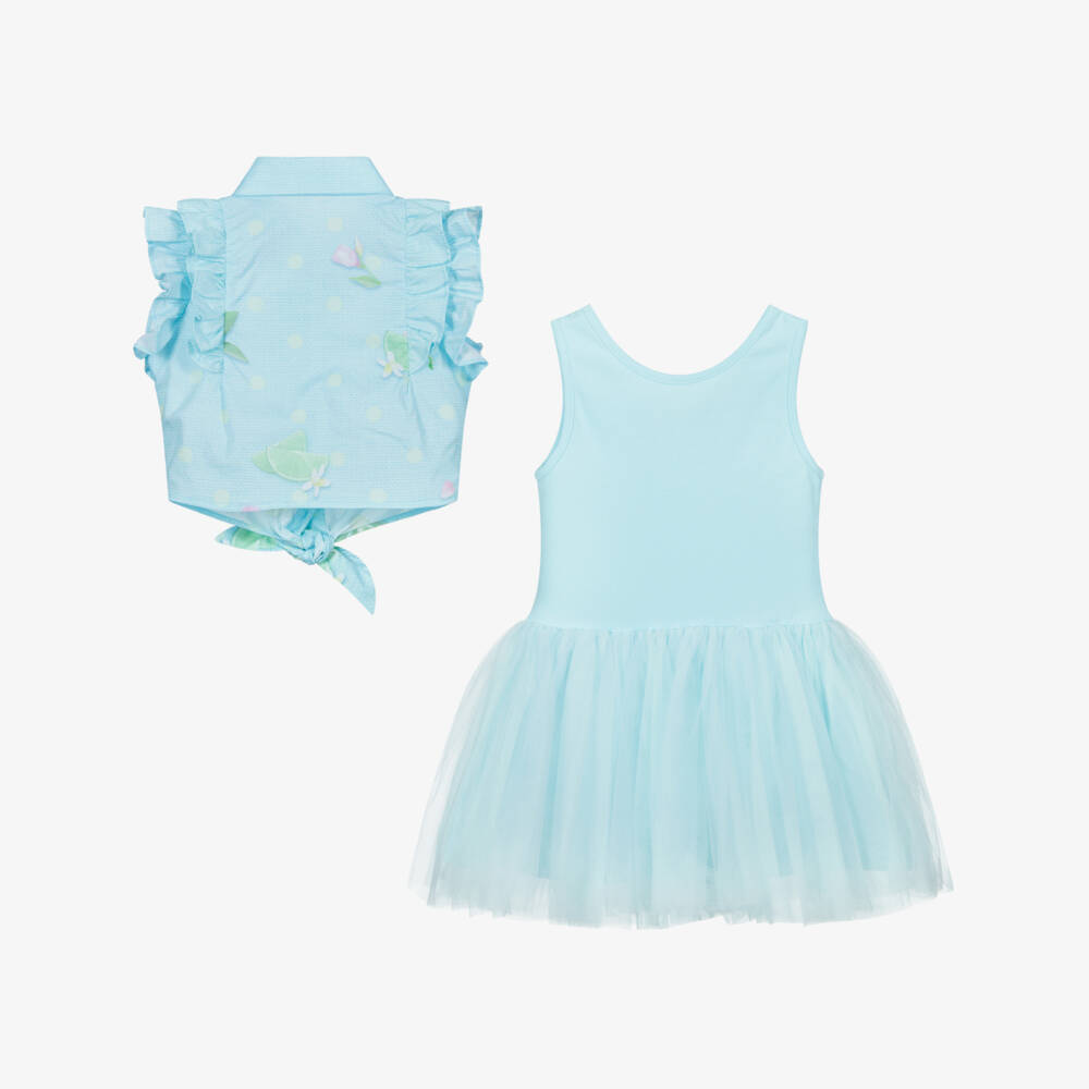 Lapin House-طقم فستان جيرسي وتول وبلوز بوبلين لون أزرق تركواز | Childrensalon Outlet