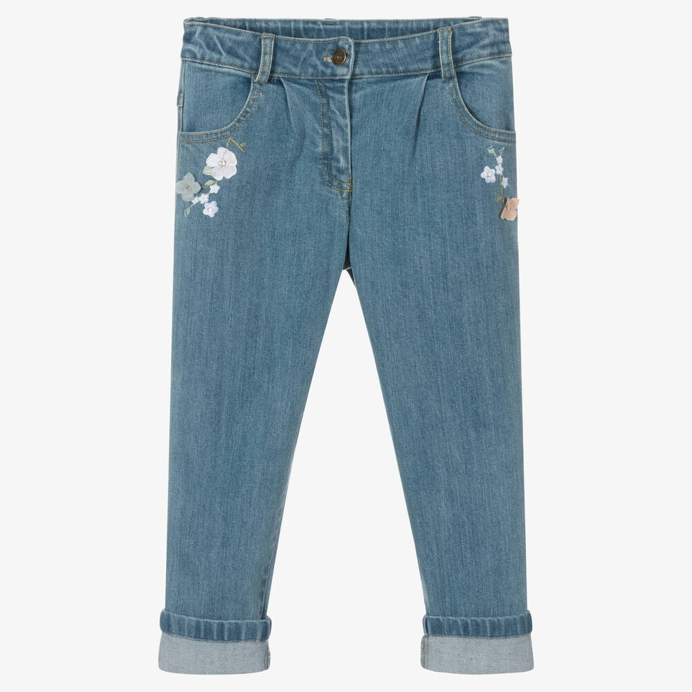 Lapin House - Girls Blue Flowers Denim Jeans | Childrensalon