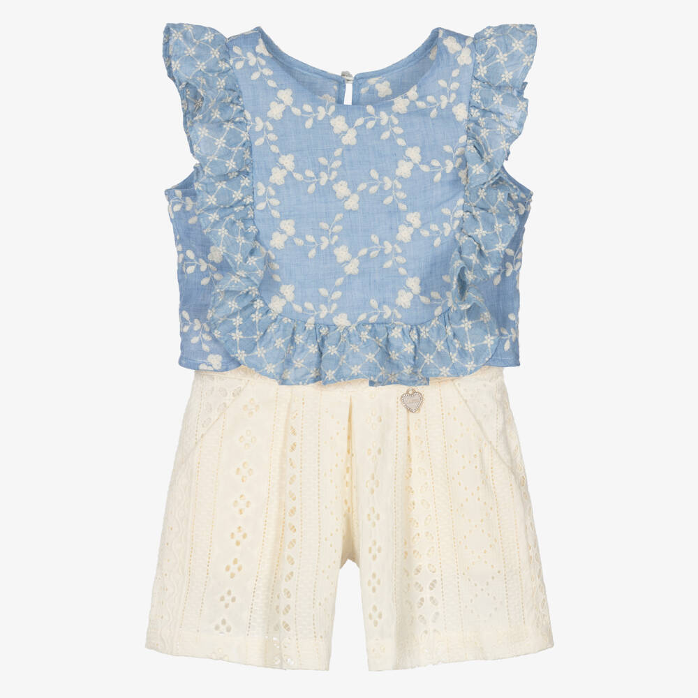 Lapin House-Girls Blue & Ivory Cotton Broderie Anglaise Shorts Set | Childrensalon Outlet