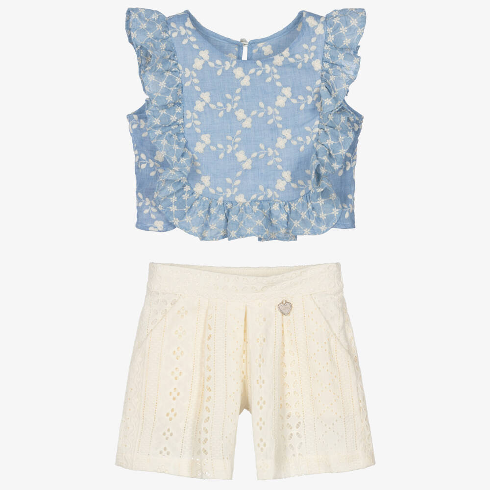 Lapin House-Girls Blue & Ivory Cotton Broderie Anglaise Shorts Set | Childrensalon Outlet