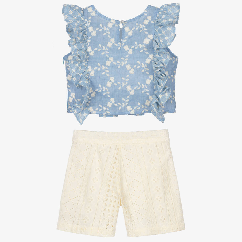 Lapin House-Girls Blue & Ivory Cotton Broderie Anglaise Shorts Set | Childrensalon Outlet