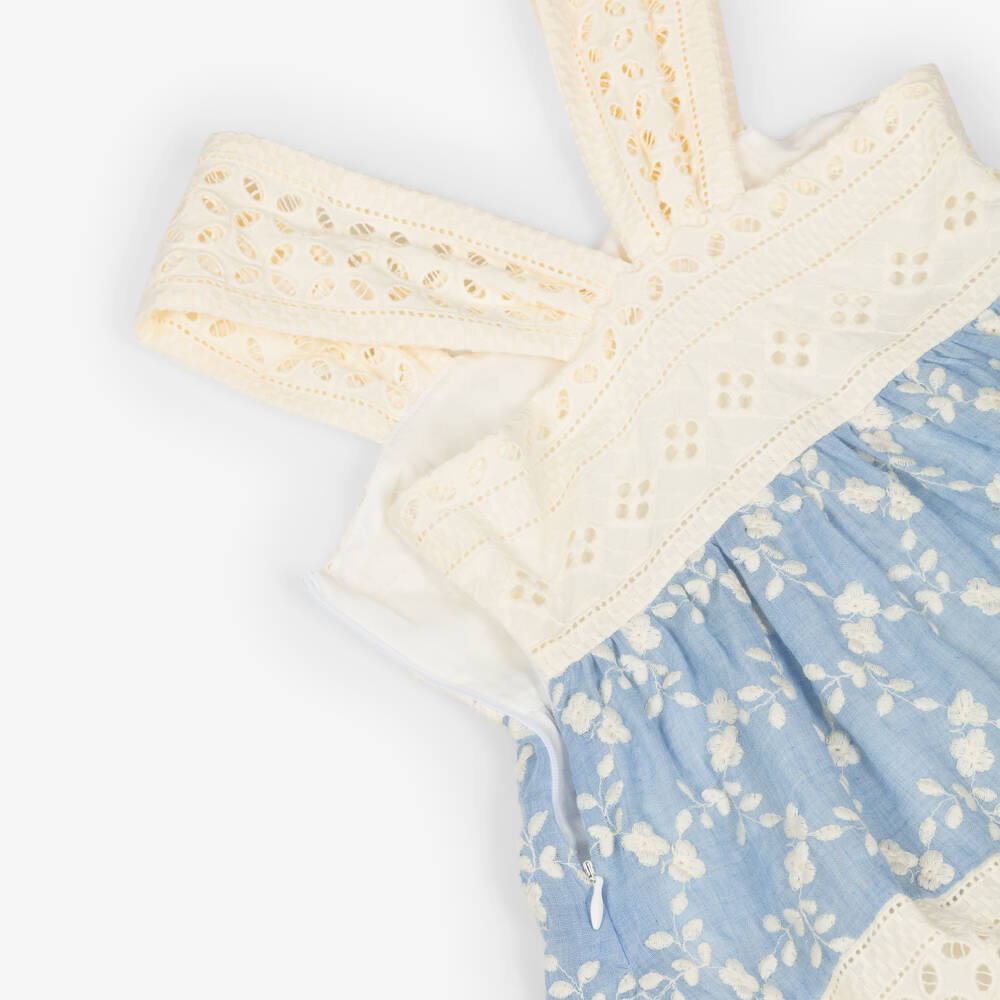 Lapin House-Girls Blue & Ivory Embroidered Dress with Broderie Anglaise | Childrensalon Outlet