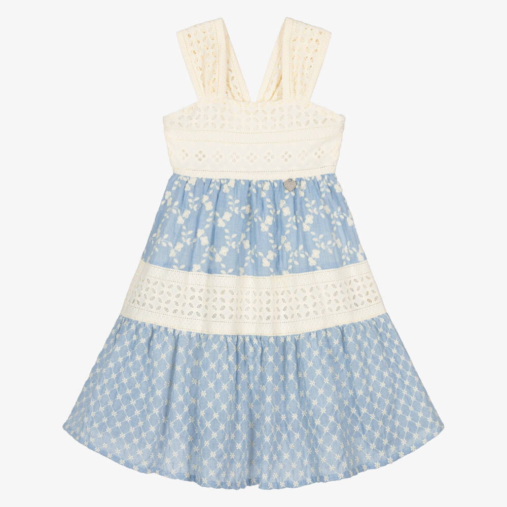Lapin House-Girls Blue & Ivory Embroidered Dress with Broderie Anglaise | Childrensalon Outlet