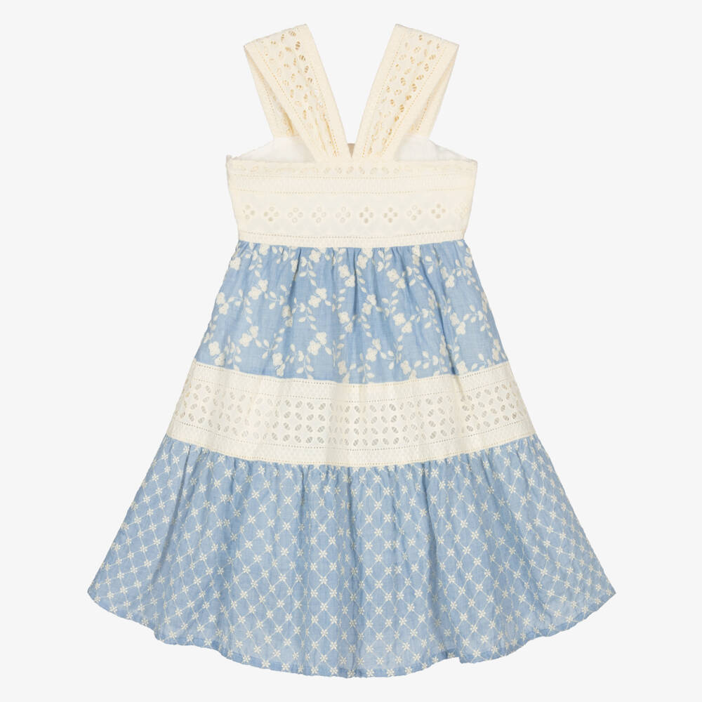 Lapin House-Girls Blue & Ivory Embroidered Dress with Broderie Anglaise | Childrensalon Outlet