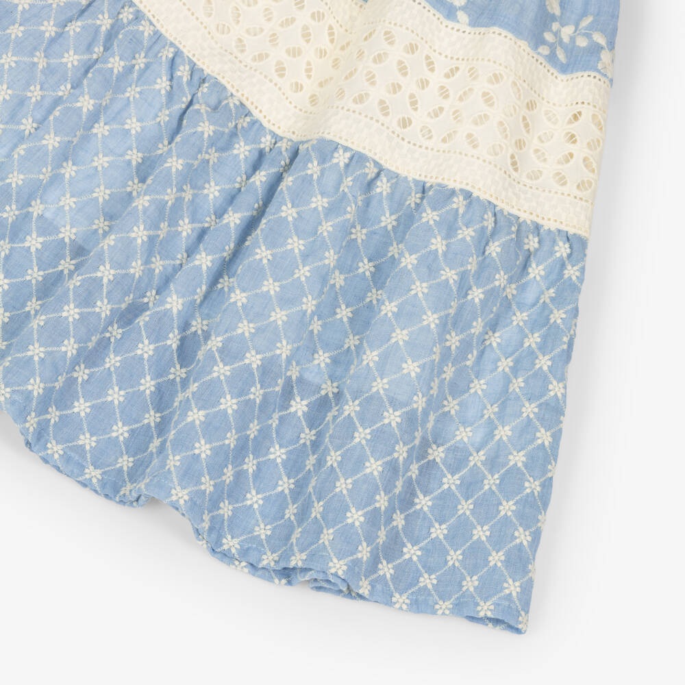 Lapin House-Girls Blue & Ivory Embroidered Dress with Broderie Anglaise | Childrensalon Outlet