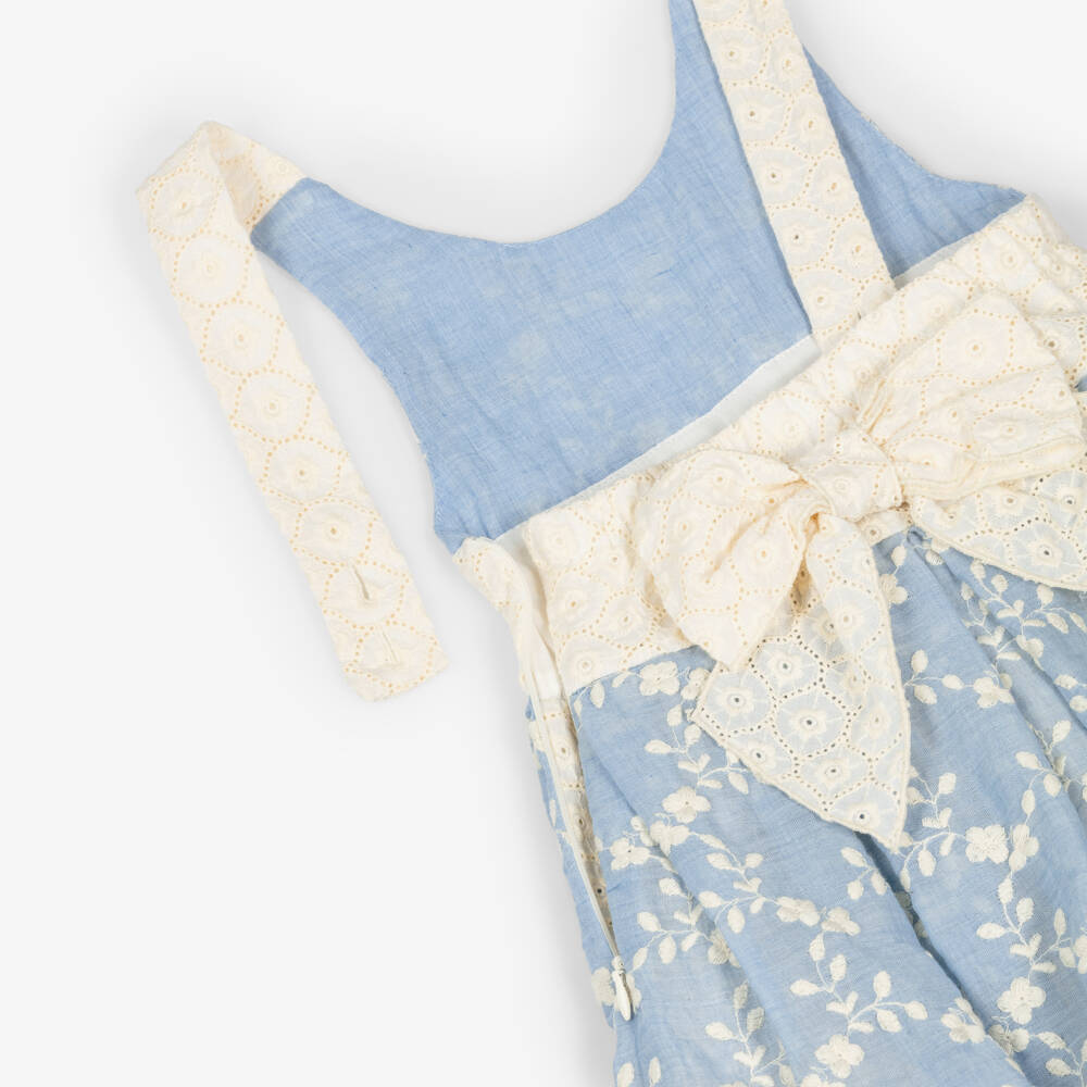 Lapin House-Girls Blue & Ivory Embroidered Playsuit with Broderie Anglaise | Childrensalon Outlet
