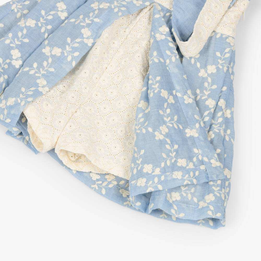 Lapin House-Girls Blue & Ivory Embroidered Playsuit with Broderie Anglaise | Childrensalon Outlet