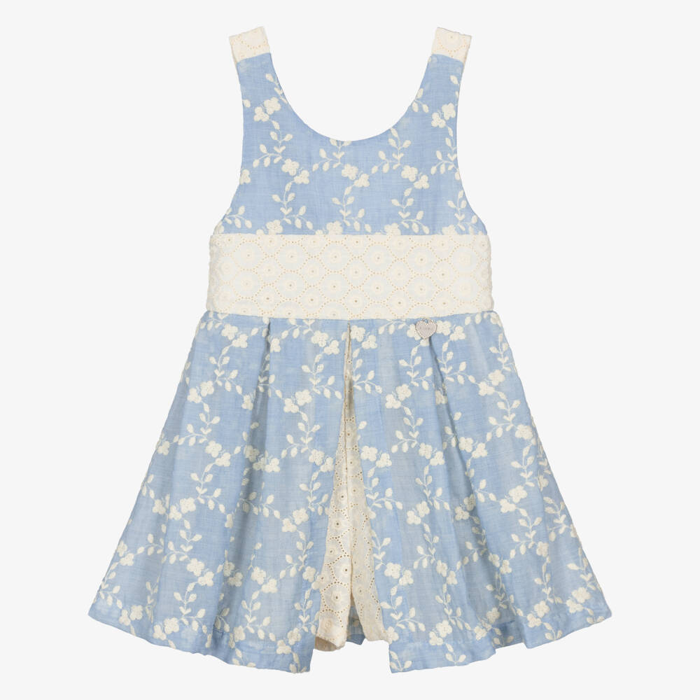 Lapin House-Girls Blue & Ivory Embroidered Playsuit with Broderie Anglaise | Childrensalon Outlet