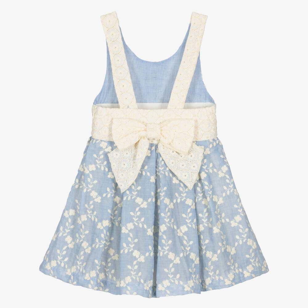 Lapin House-Girls Blue & Ivory Embroidered Playsuit with Broderie Anglaise | Childrensalon Outlet