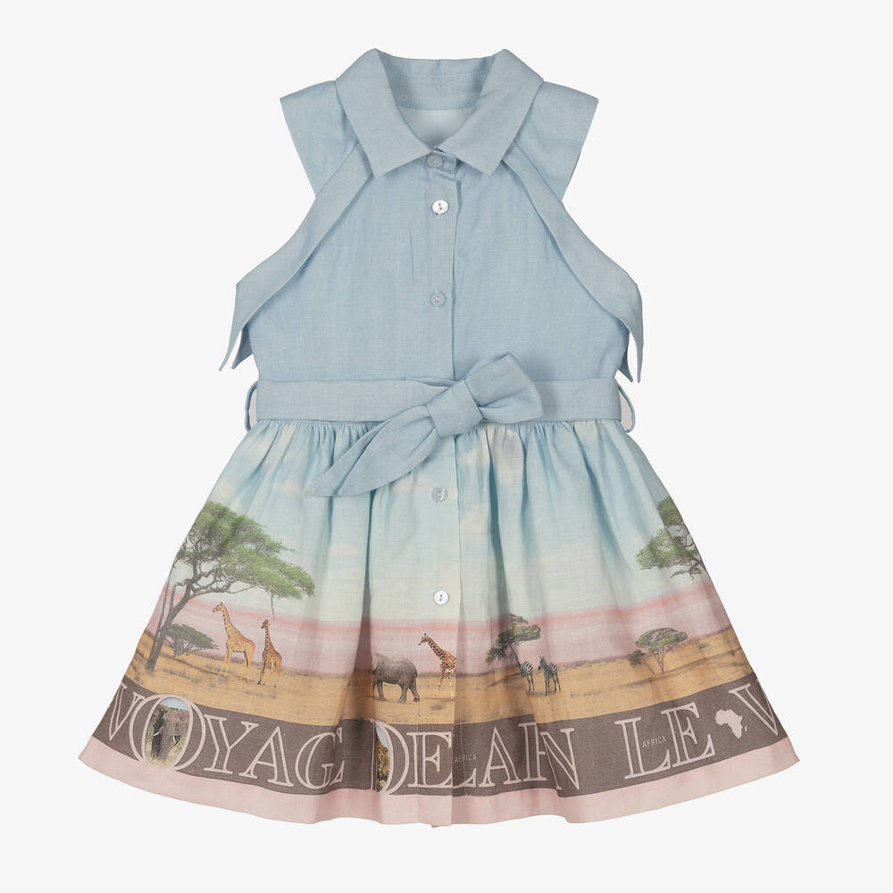 Lapin House - Girls Blue Linen Safari Print Dress | Childrensalon