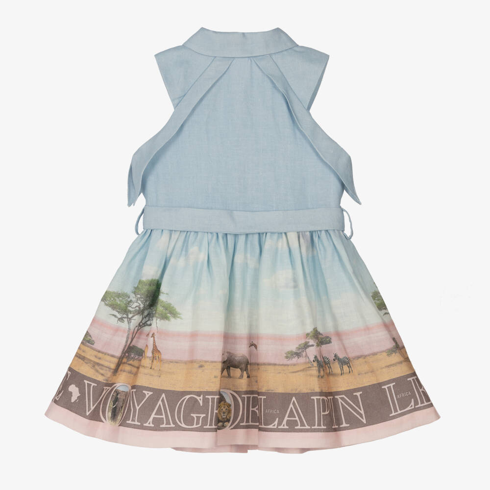 Lapin House-Girls Blue Linen Safari Print Dress | Childrensalon Outlet