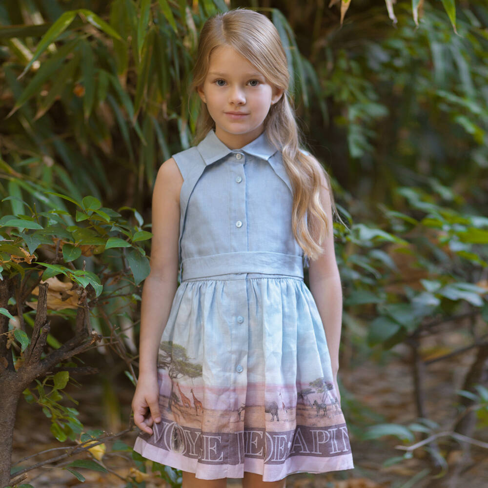 Lapin House-Girls Blue Linen Safari Print Dress | Childrensalon Outlet