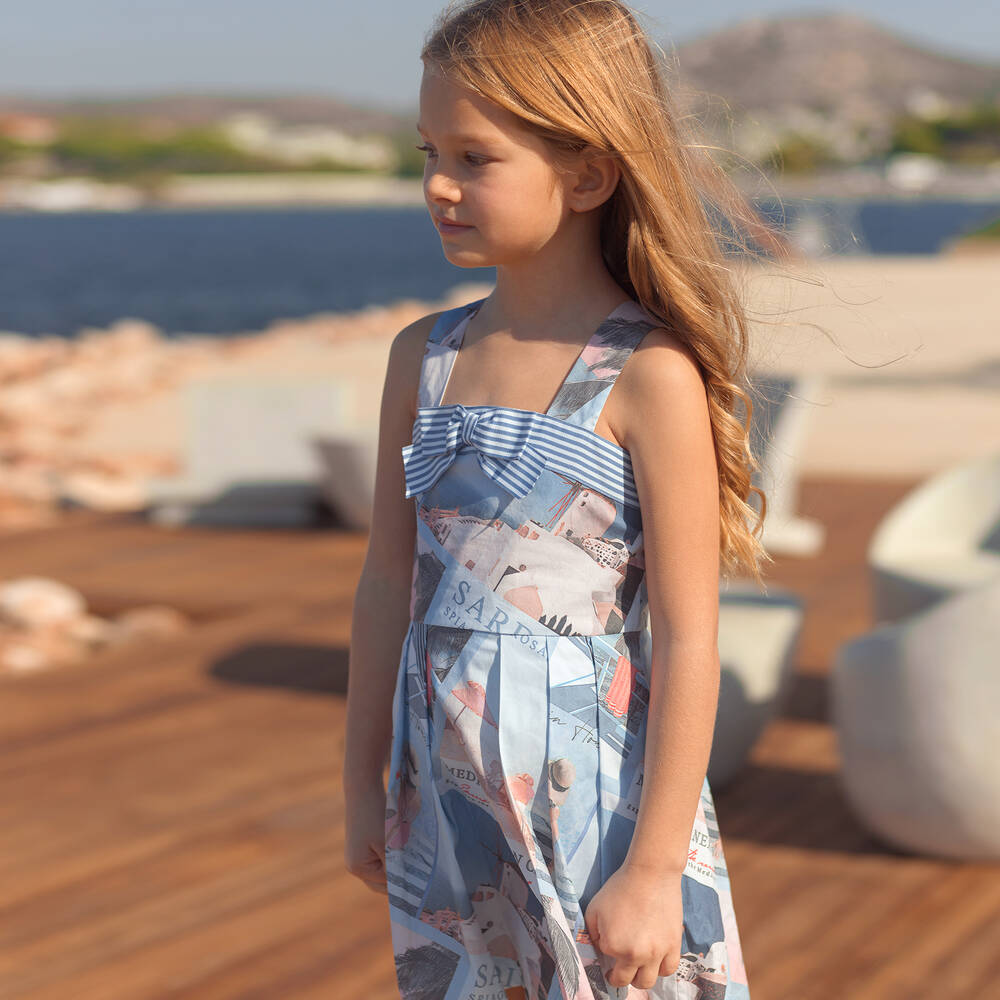 Lapin House-Girls Blue Postcard Print Dress | Childrensalon Outlet