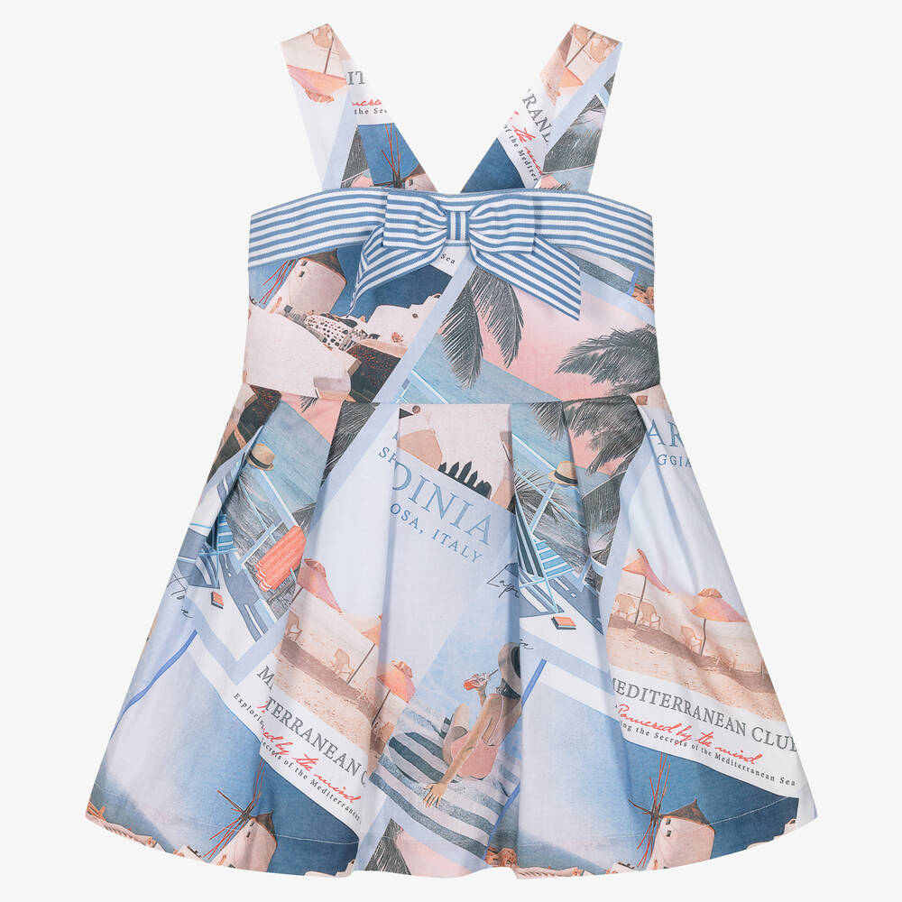 Lapin House - Blaues Kleid mit Postkarten-Print | Childrensalon