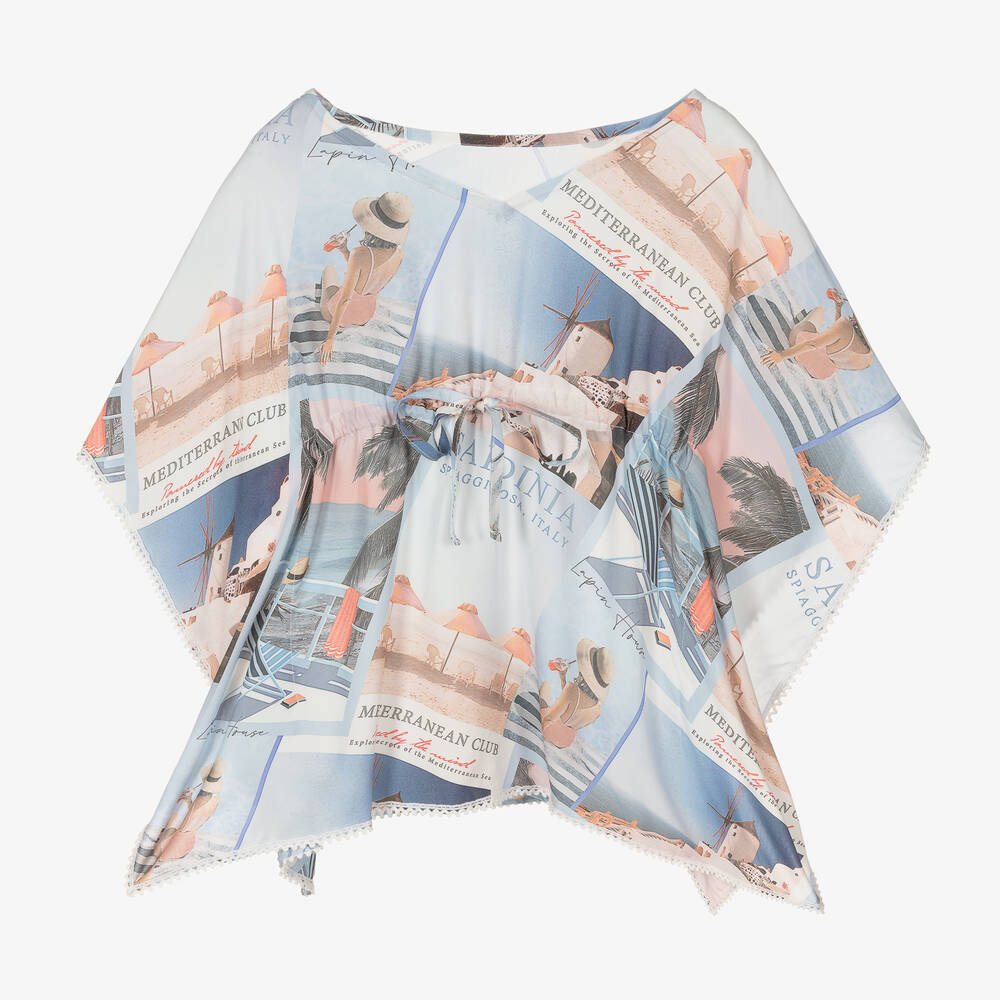 Lapin House - Blauer Kaftan mit Postkarten-Print | Childrensalon