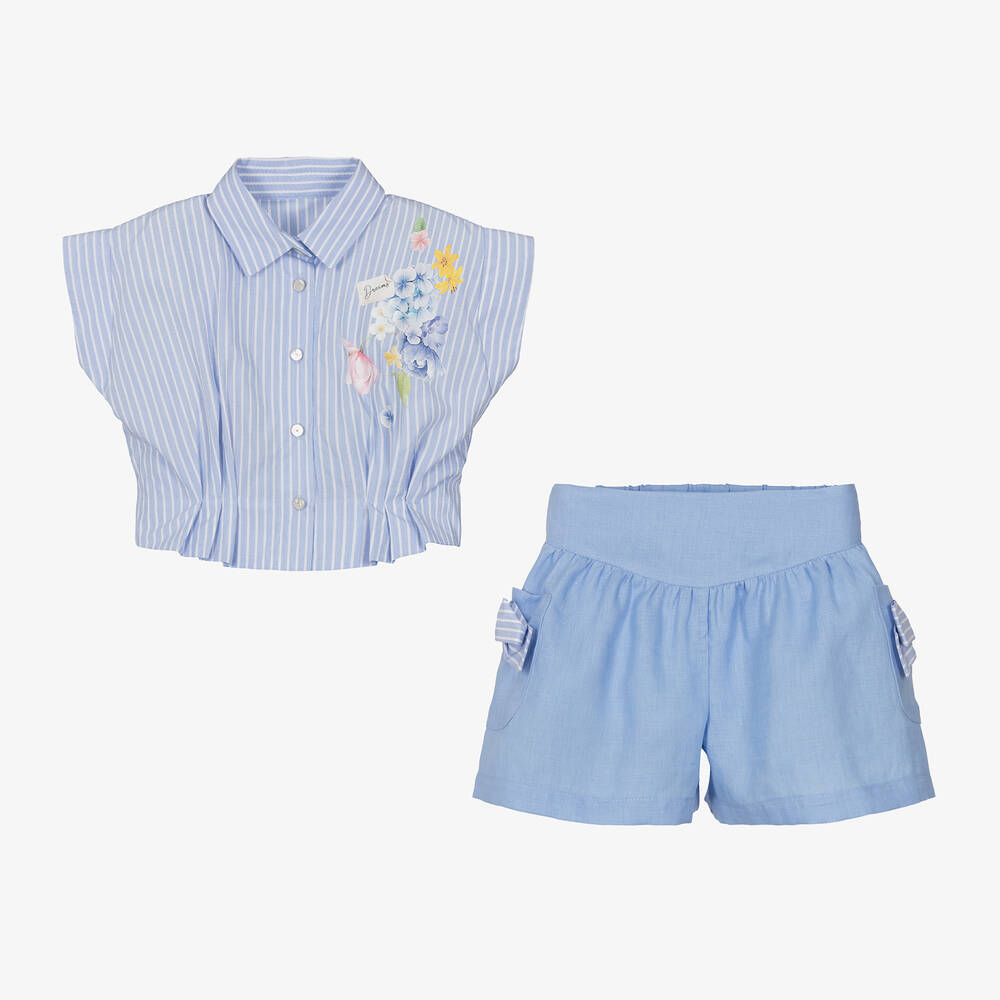 Lapin House-Girls Blue Stripe & Floral Shorts Set | Childrensalon Outlet