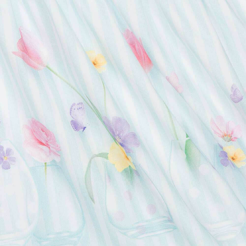 Lapin House-فستان قطن بوبلين مقلم لون أزرق تركواز بطبعة ورود | Childrensalon Outlet