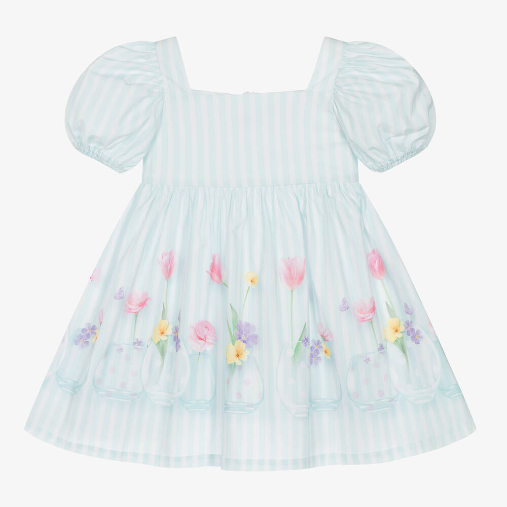 Lapin House-Girls Blue Striped Cotton Floral Dress | Childrensalon Outlet
