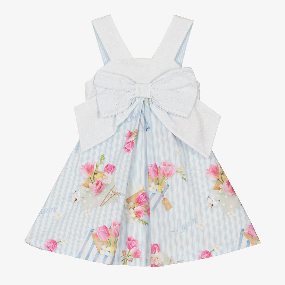 Lapin House - Robe bleue rayée à fleurs et nœud | Childrensalon