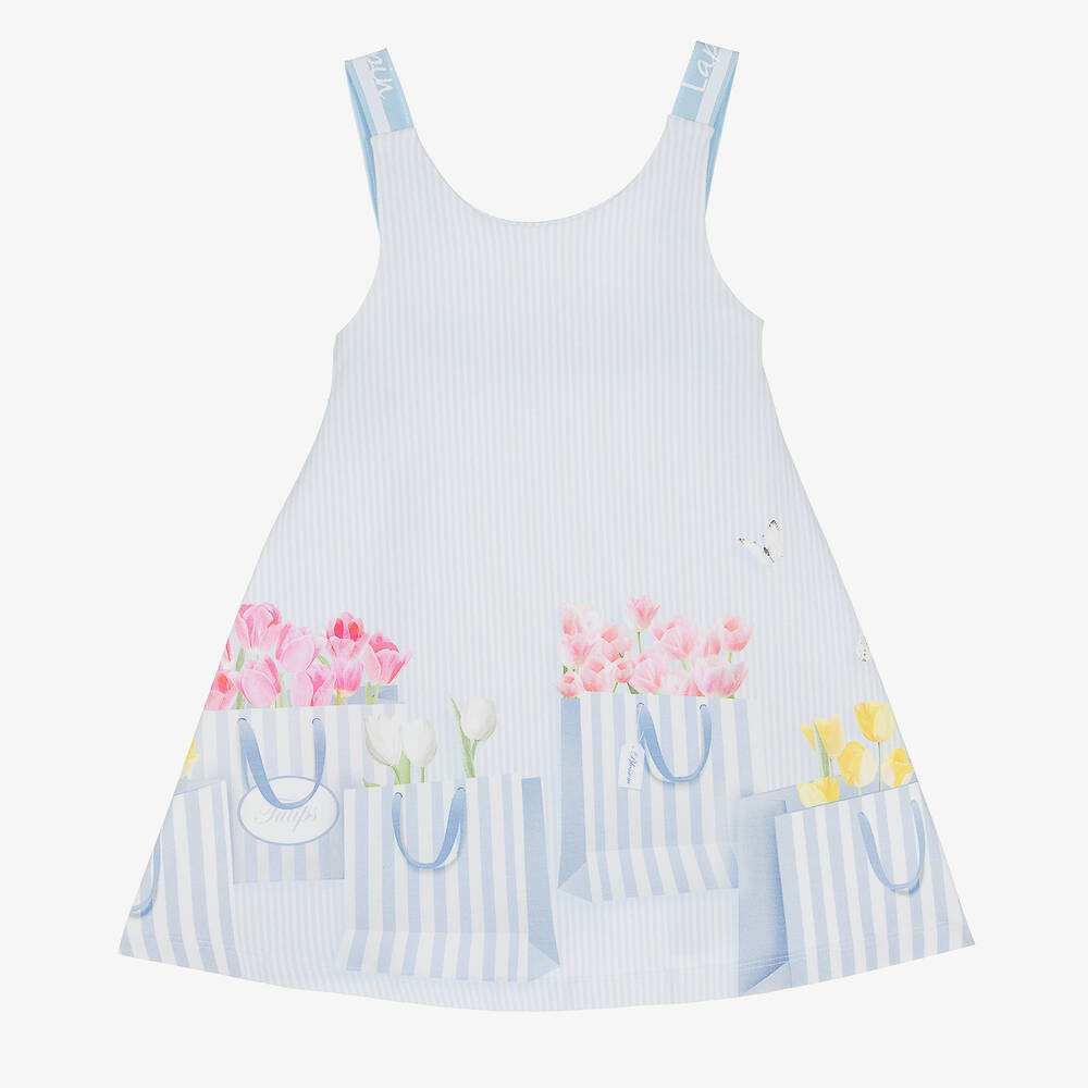 Lapin House - Girls Blue Striped Floral Jersey Dress | Childrensalon