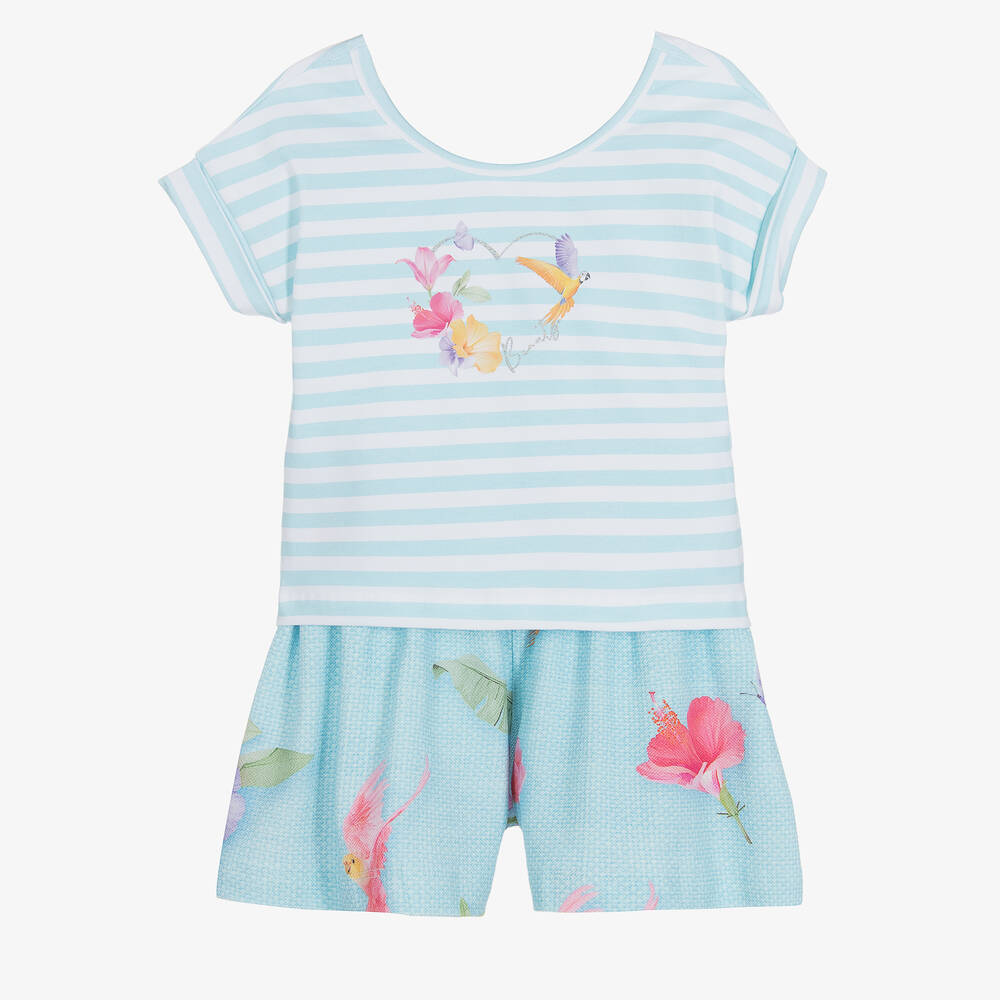 Lapin House - Girls Blue Striped Floral Shorts Set | Childrensalon