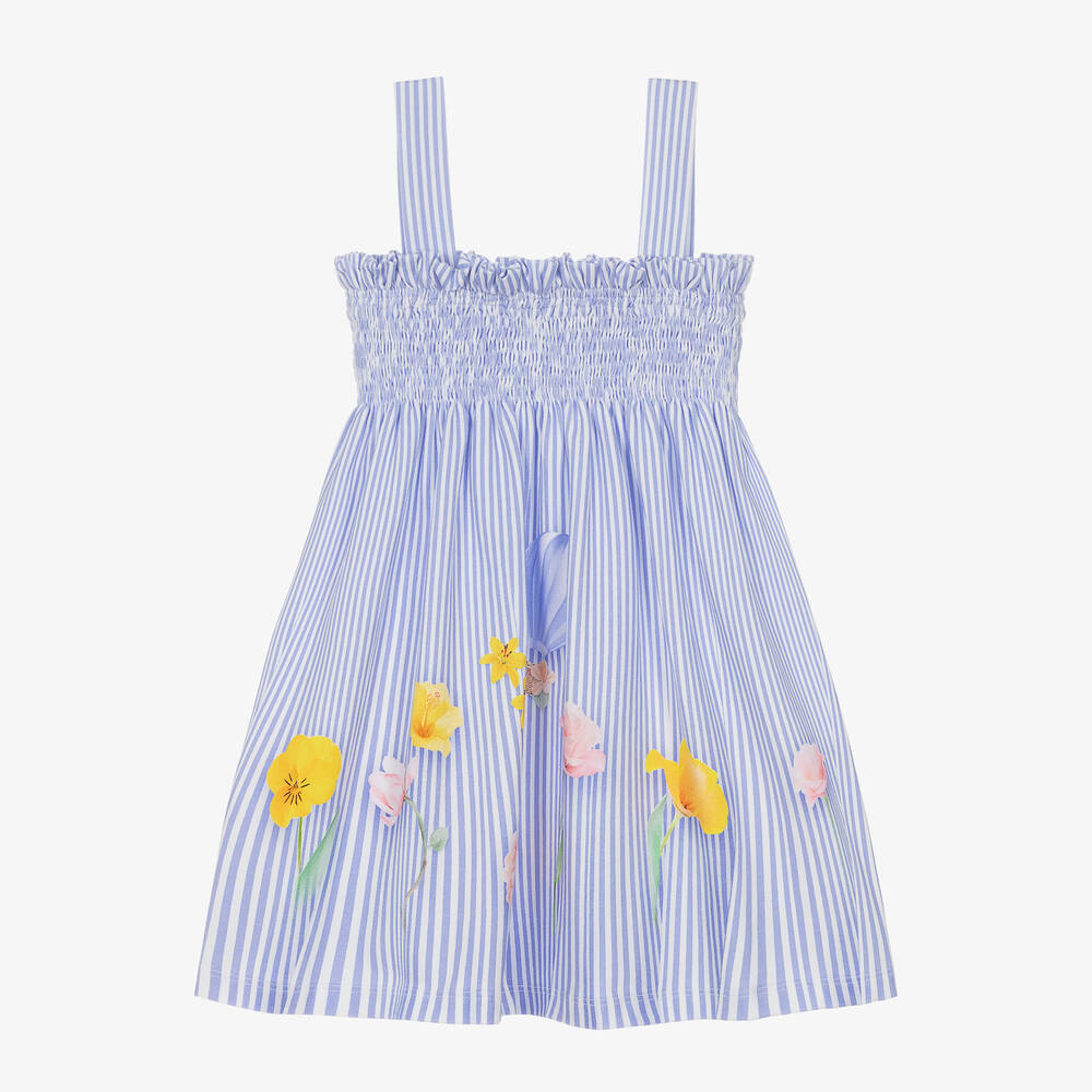 Lapin House-Girls Blue Striped Flower Print Dress | Childrensalon Outlet