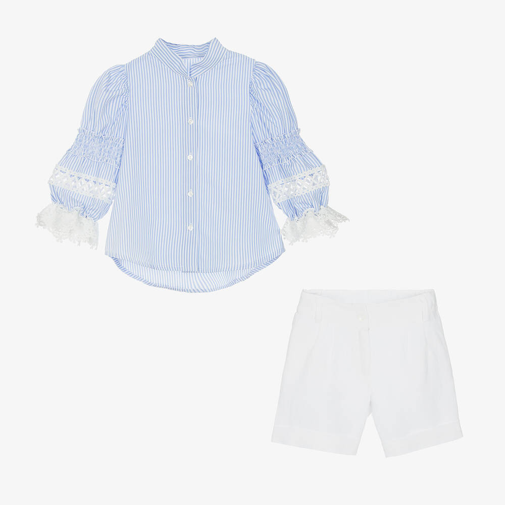 Lapin House-Girls Blue & White Linen Shorts Set | Childrensalon Outlet