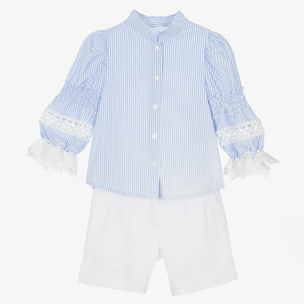 Lapin House - Girls Blue & White Linen Shorts Set | Childrensalon