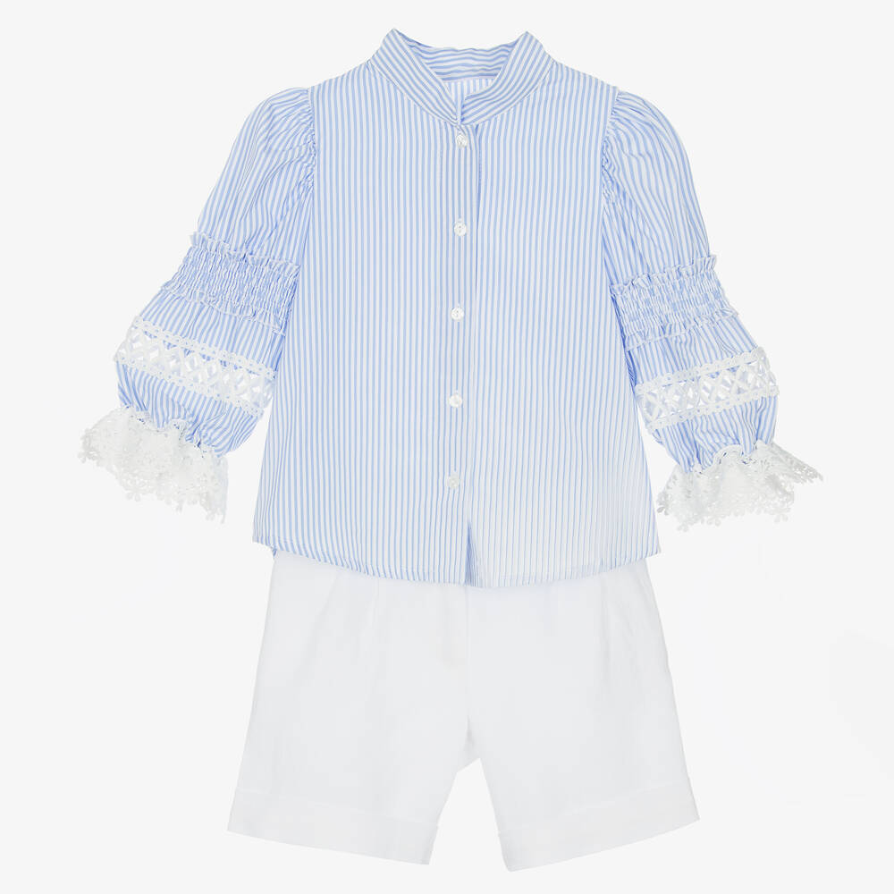 Lapin House-Girls Blue & White Linen Shorts Set | Childrensalon Outlet