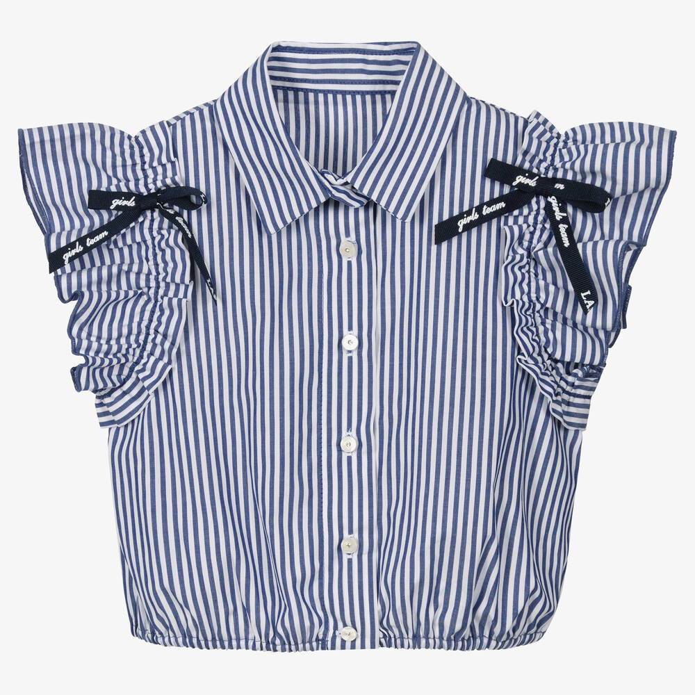 Lapin House - Girls Blue & White Stripe Cotton Blouse | Childrensalon