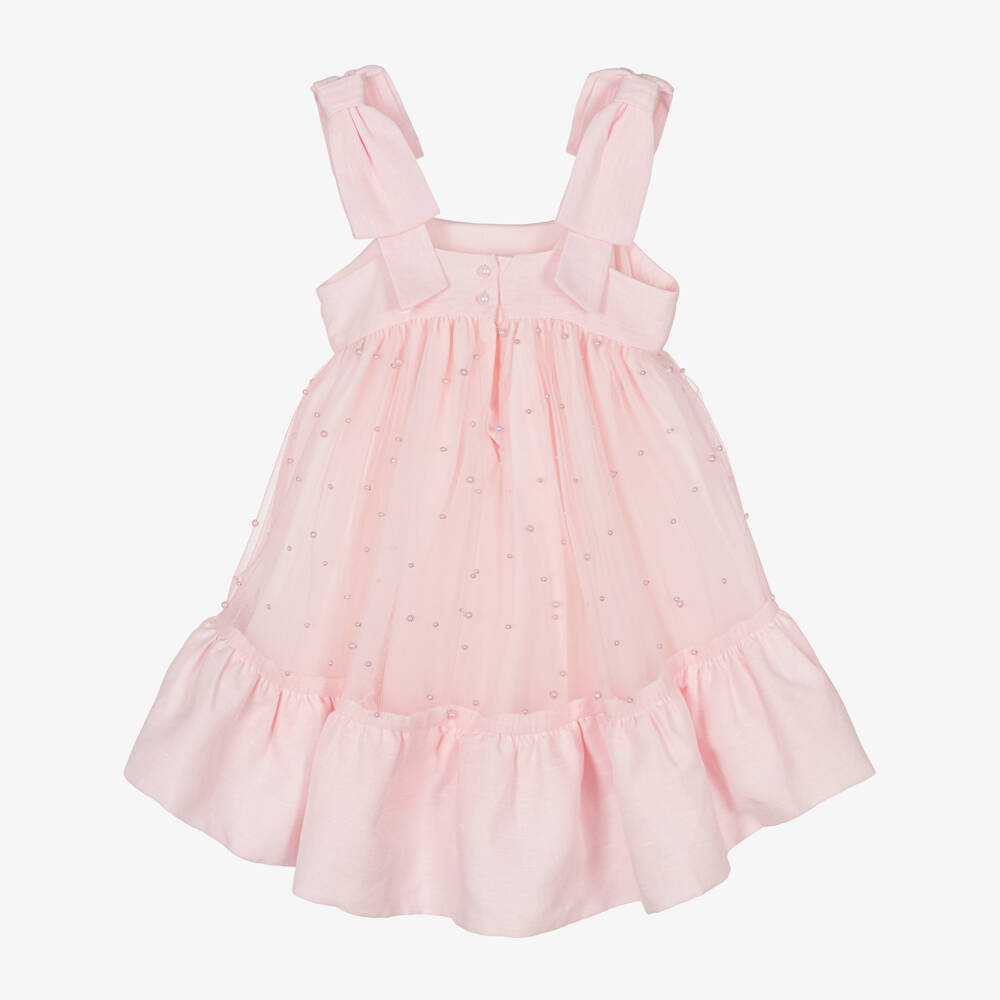 لابين هاوس-فستان كتان وردي مزين باللؤلؤ للبنات | Childrensalon Outlet