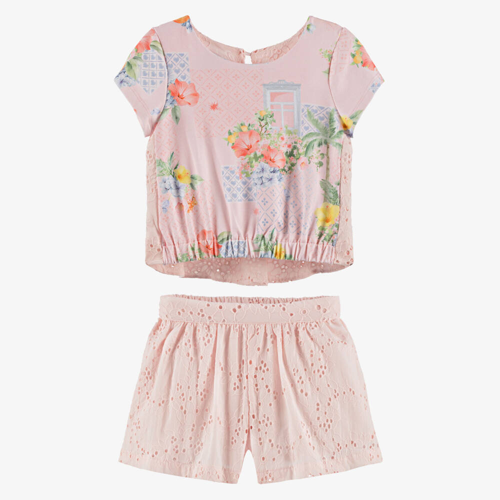 Lapin House-Girls Cotton Pink Floral Embroidered Ensemble | Childrensalon Outlet