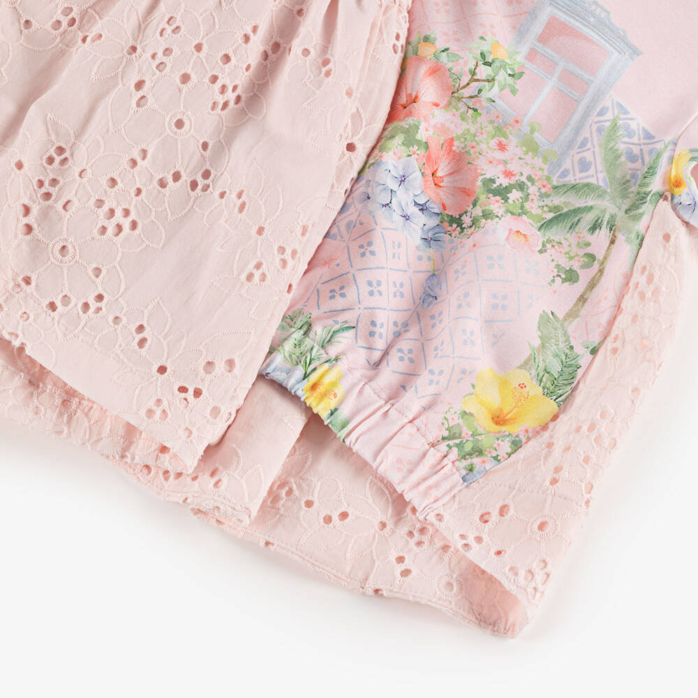 Lapin House-Girls Cotton Pink Floral Embroidered Ensemble | Childrensalon Outlet