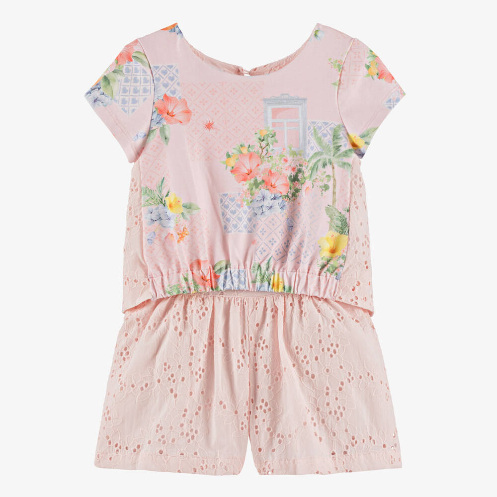 Lapin House-Girls Cotton Pink Floral Embroidered Ensemble | Childrensalon Outlet
