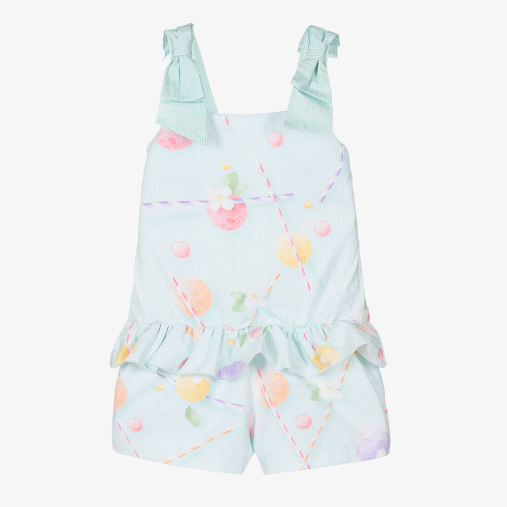 Lapin House - Combi-short coton vert fleurs fille | Childrensalon