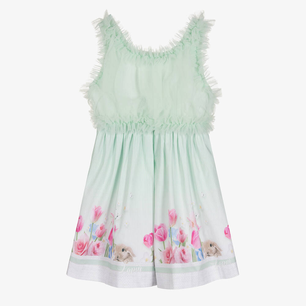 Lapin House - Girls Green Tulle & Striped Floral Dress | Childrensalon