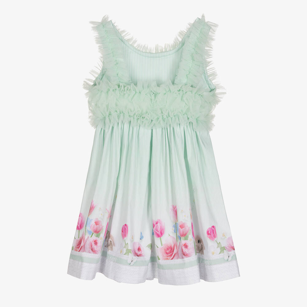 Lapin House-Girls Green Tulle & Striped Floral Dress | Childrensalon Outlet